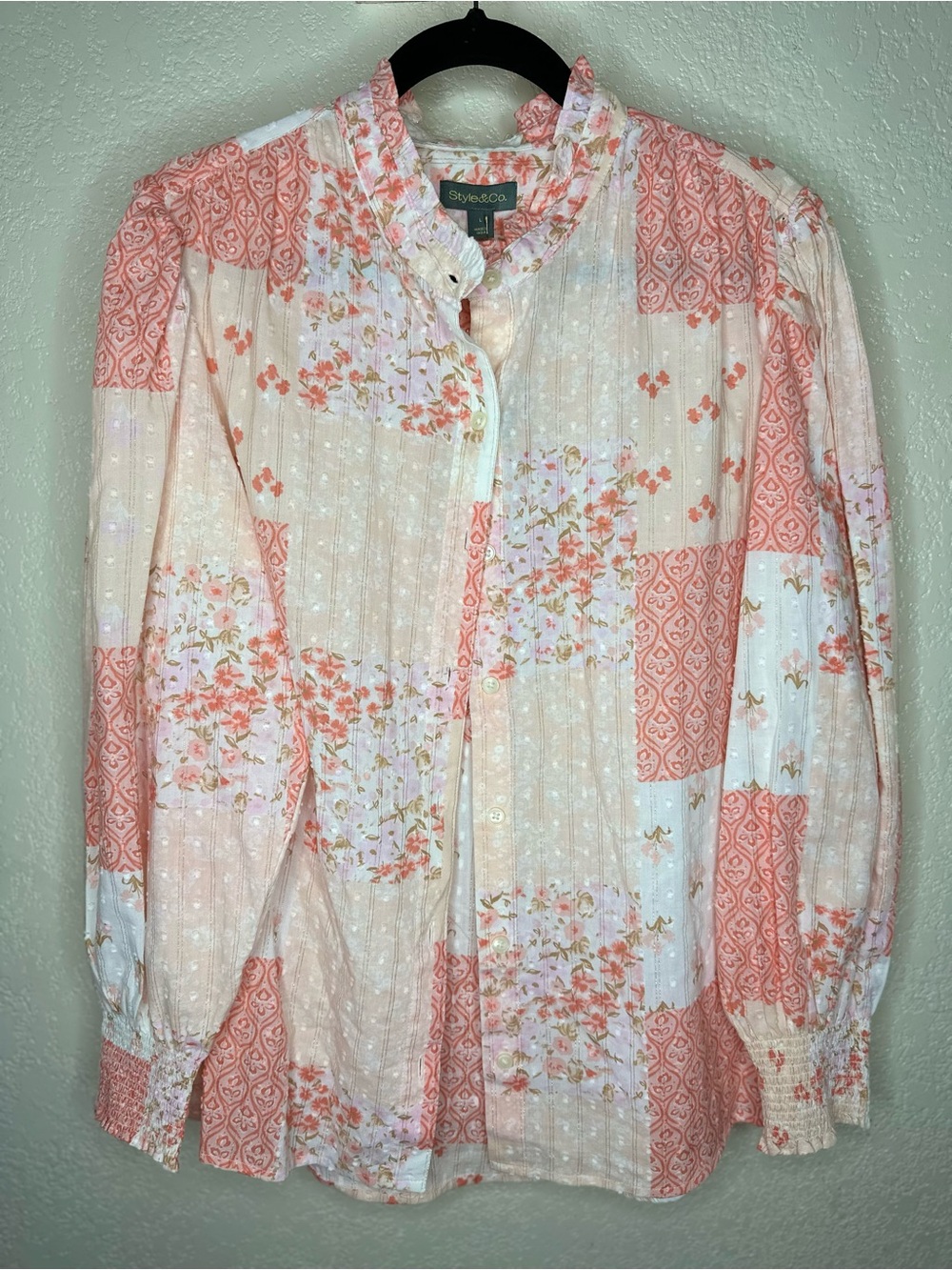 Style & Co. Peach and Cream Floral Button-Up Blouse